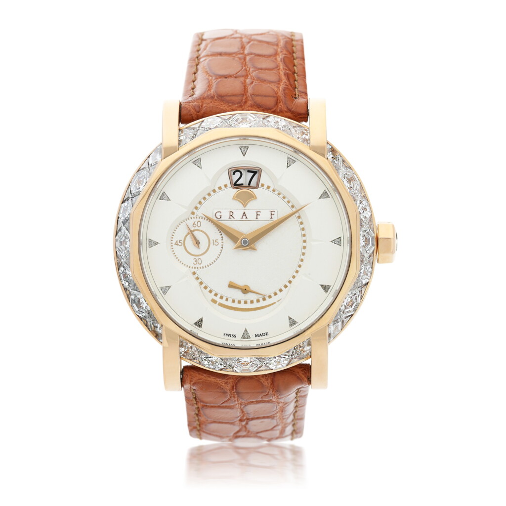 View full screen - View 1 of Lot 25. GRAFF | REFERENCE GS45PGDL GRAFFSTAR GRANDE DATE A FINE LIMITED EDITION PINK GOLD AND DIAMOND SET WRISTWATCH WITH DATE AND POWER RESERVE INDICATION, CIRCA 2015.