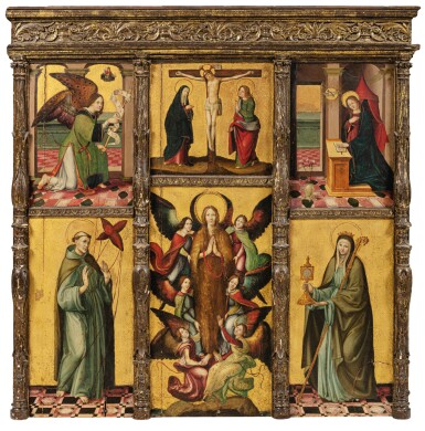 View full screen - View 1 of Lot 15. SPANISH SCHOOL, 16TH CENTURY | POLYPTYCH WITH THE CRUCIFIXION, THE ANNUNCIATION, SAINT FRANCIS, MAGDALENE AND SAINT CLARA.