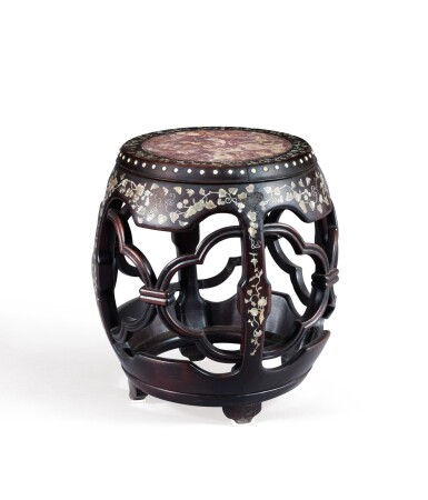 View full screen - View 1 of Lot 223. A hongmu barrel-form drum stool Qing dynasty, 19th century | 清十九世紀 紅木嵌螺鈿大理石面鼓型坐墩.