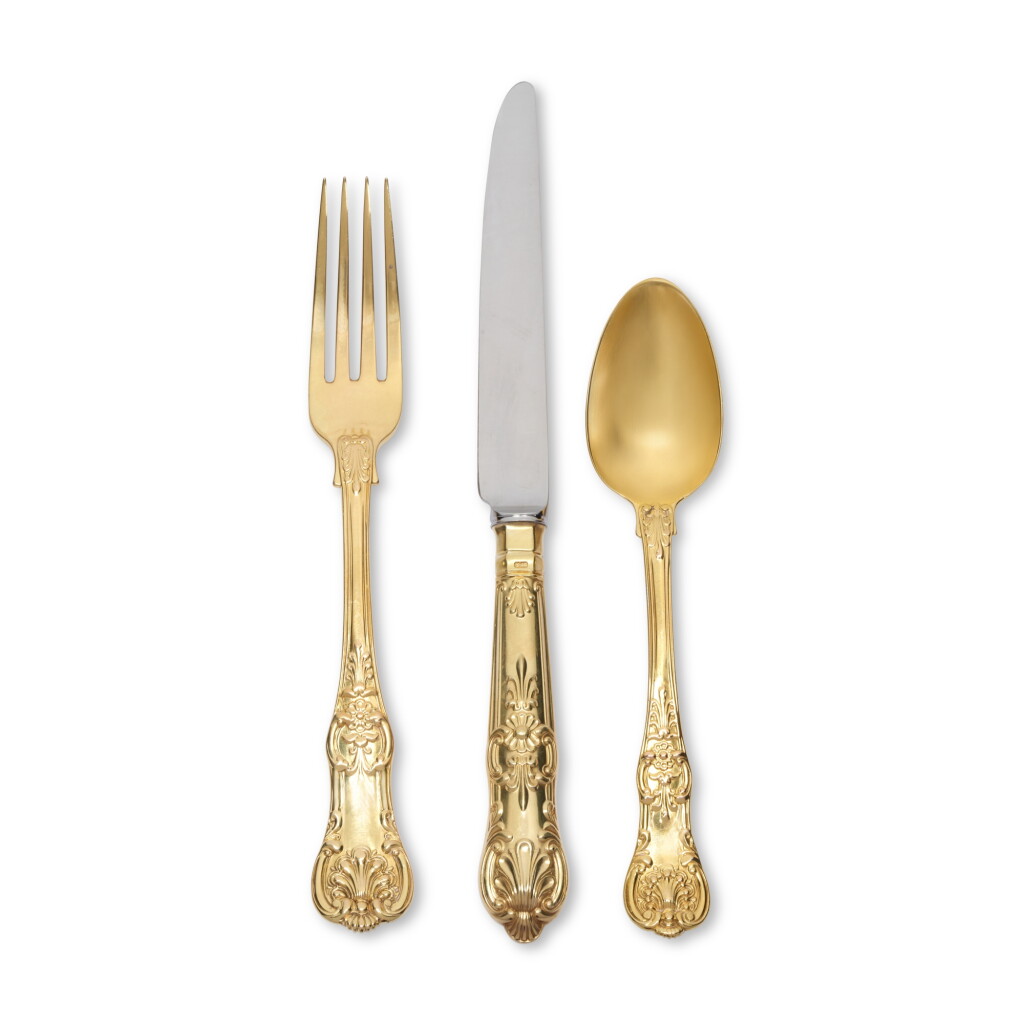 View full screen - View 1 of Lot 638. A Victorian Silver-Gilt Queens Pattern Flatware, London, 1874 and Circa.