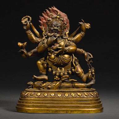 View full screen - View 1 of Lot 155. A GILT-BRONZE FIGURE OF SADBHUJA MAHAKALA, QING DYNASTY, 18TH CENTURY | 清十八世紀 鎏金銅大力王紅瑪哈嘎啦像.