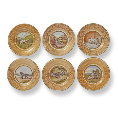 View full screen - View 1 of Lot 208. A Set Of Six Worcester (Flight Barr & Barr) Salmon Pink-Ground Plates, Circa 1815.
