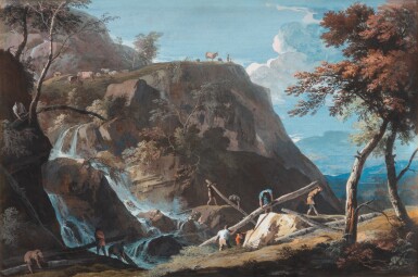 View full screen - View 1 of Lot 40. A mountainous landscape with a cascade and figures | Paysage montagneux avec une cascade.