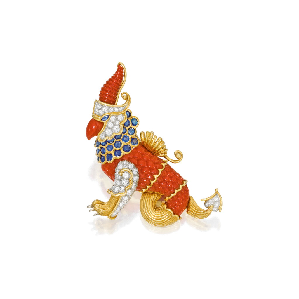 View full screen - View 1 of Lot 408. GOLD, CORAL, SAPPHIRE AND DIAMOND BROOCH, CARTIER | 黃金鑲珊瑚配藍寶石及鑽石別針,卡地亞.