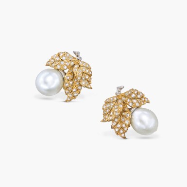 View full screen - View 1 of Lot 1201. Pair of Cultured Pearl and Diamond Earclips | 吉安瑪麗亞 布契拉提 | 養殖珍珠 配 鑽石 耳夾一對.
