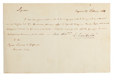 View full screen - View 1 of Lot 21. G. Garibaldi. Collection of nine letters signed, Caprera, 1862-1875.