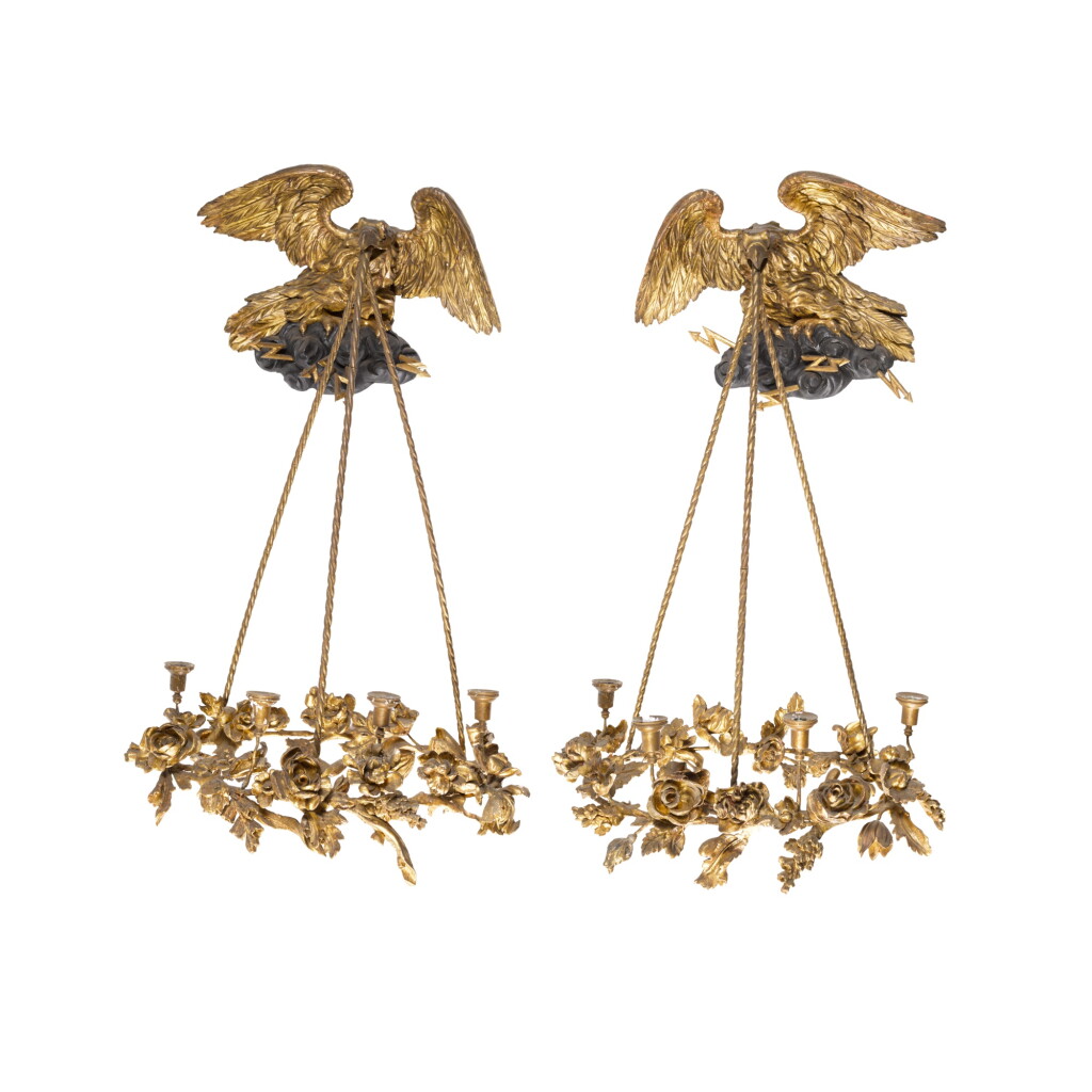 View full screen - View 1 of Lot 50. A Pair of English Regency Style Gilt and Ebonised Wood Four-Light Hanging Wall Sconces, Late 19th/Early 20th Century.