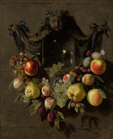 View full screen - View 1 of Lot 195. PIETER VAN DEN BOSCH THE YOUNGER | A TROMPE L'OEIL STILL LIFE WITH A SWAG OF GRAPES, PEARS, PEACHES, APPLES, PLUMS, AND BUTTERFLIES DECORATING A NICHE WITH A GLASS ROEMER.