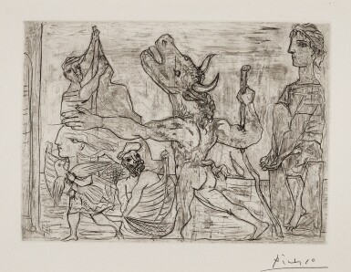 View full screen - View 1 of Lot 99. Minotaure aveugle guidé par une petite Fille au Pigeon, from La suite Vollard.