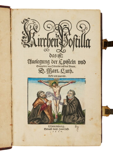 View full screen - View 1 of Lot 59. Luther, Kirchen Postilla, Wittenberg, 1550, Dresden binding by Jakob Weidlich for Georg von Ebeleben.