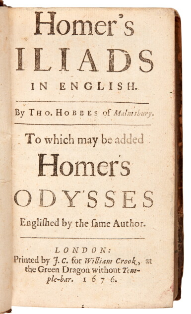 View full screen - View 1 of Lot 147. Homer, Iliads and Odysses, translated by Hobbes, London, 1676, contemporary calf.