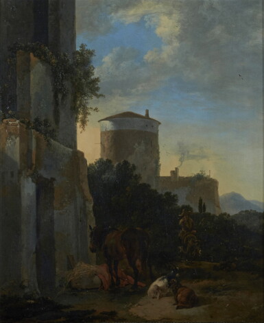 View full screen - View 1 of Lot 260. ADRIAEN VAN DER KABEL | AN ITALIANATE VILLAGE STREET WITH A HORSE, GOATS, AND MAN ON A DONKEY.