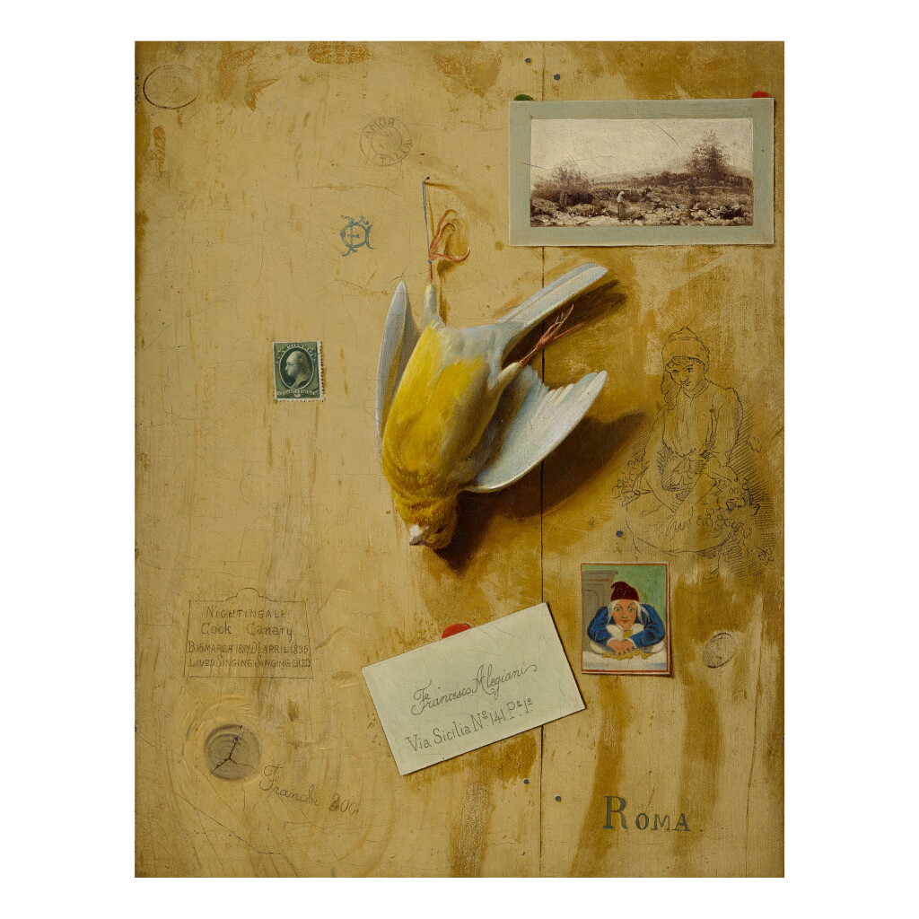 View full screen - View 1 of Lot 49. FRANCESCO ALEGIANI | TROMPE L'OEIL STILL LIFE WITH A NIGHTINGALE COCK CANARY AND A TWO PENCE STAMP.