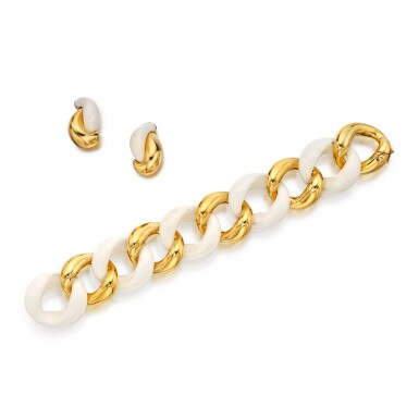 View full screen - View 1 of Lot 303. Gold and Chalcedony Bracelet and Pair of Earclips.