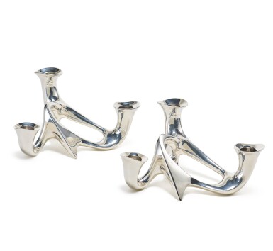 View full screen - View 1 of Lot 397. A PAIR OF DANISH SILVER THREE-LIGHT CANDELABRA, NO. 956, DESIGNED BY HENNING KOPPEL, GEORG JENSEN SILVERSMITHY, COPENHAGEN, 1945-77.