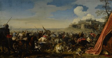 View full screen - View 1 of Lot 155. JACQUES COURTOIS, CALLED BORGOGNONE | A BATTLE SCENE WITH SOLDIERS ON HORSEBACK, A WALLED CITY RAISED ON A HILL BEYOND.