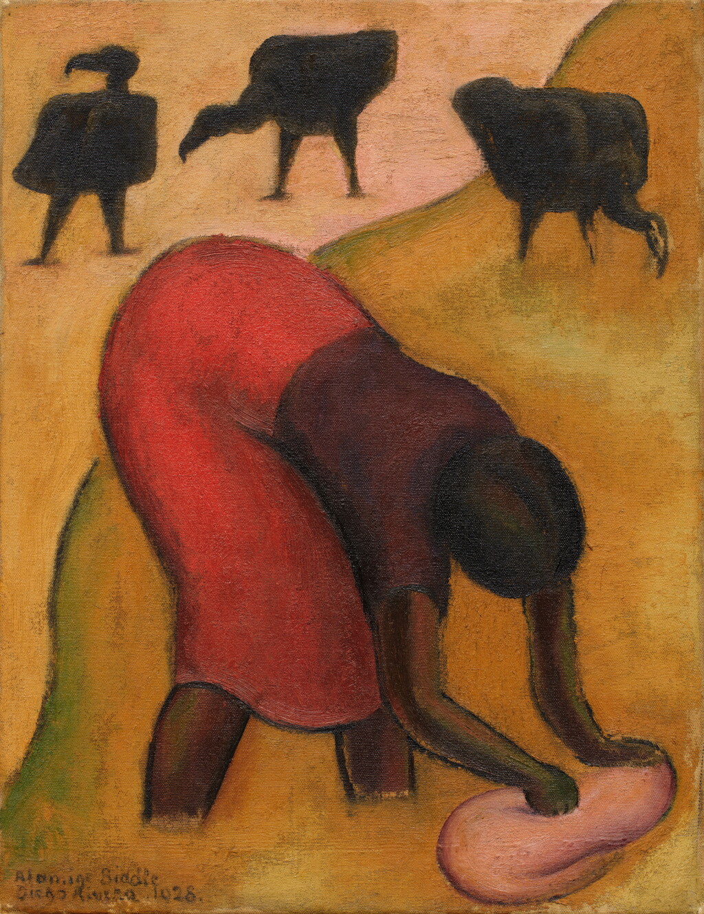 View full screen - View 1 of Lot 692. Woman Washing Clothes in a River Among Buzzards.