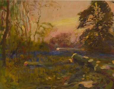 View full screen - View 1 of Lot 58. SIR ALFRED JAMES MUNNINGS, P.R.A., R.W.S. | WOODLAND LANDSCAPE AT SUNSET.