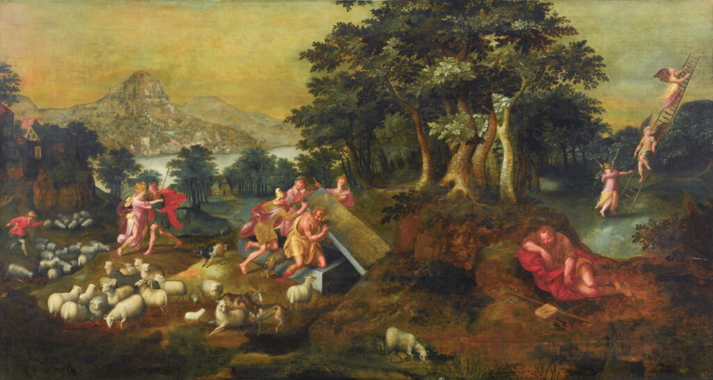 View full screen - View 1 of Lot 149. Scenes from the life of Jacob in the Book of Genesis: Jacob wrestling the Angel; Jacob removing the stone from the well to water Laban's sheep; and The Dream of Jacob's Ladder.