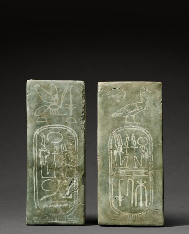 View full screen - View 1 of Lot 37. Two Large Egyptian Turquoise Faience Foundation Tiles, 19th Dynasty, period of Ramesses II, 1279-1212 B.C..