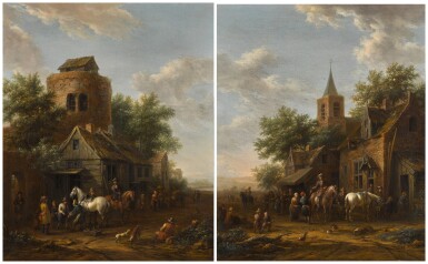 View full screen - View 1 of Lot 361. Two village scenes with horsemen by a tavern.
