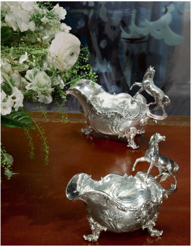 View full screen - View 1 of Lot 6. TWO MATCHING ROYAL EARLY VICTORIAN SILVER SAUCE BOATS, MORTIMER & HUNT, LONDON, 1842.