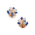 Pair of Lapis Lazuli, Agate and Diamond Earclips, France