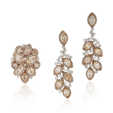 View full screen - View 1 of Lot 614. Coloured Diamond and Diamond Demi Parure | 彩色鑽石 配 鑽石 戒指 及 耳墜 套裝.