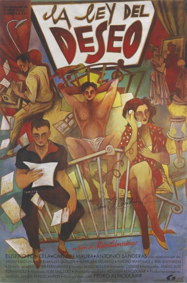 View full screen - View 1 of Lot 152. LA LEY DEL DESEO / LAW OF DESIRE (1987) POSTER, SPANISH, SIGNED BY PEDRO ALMODÓVAR.