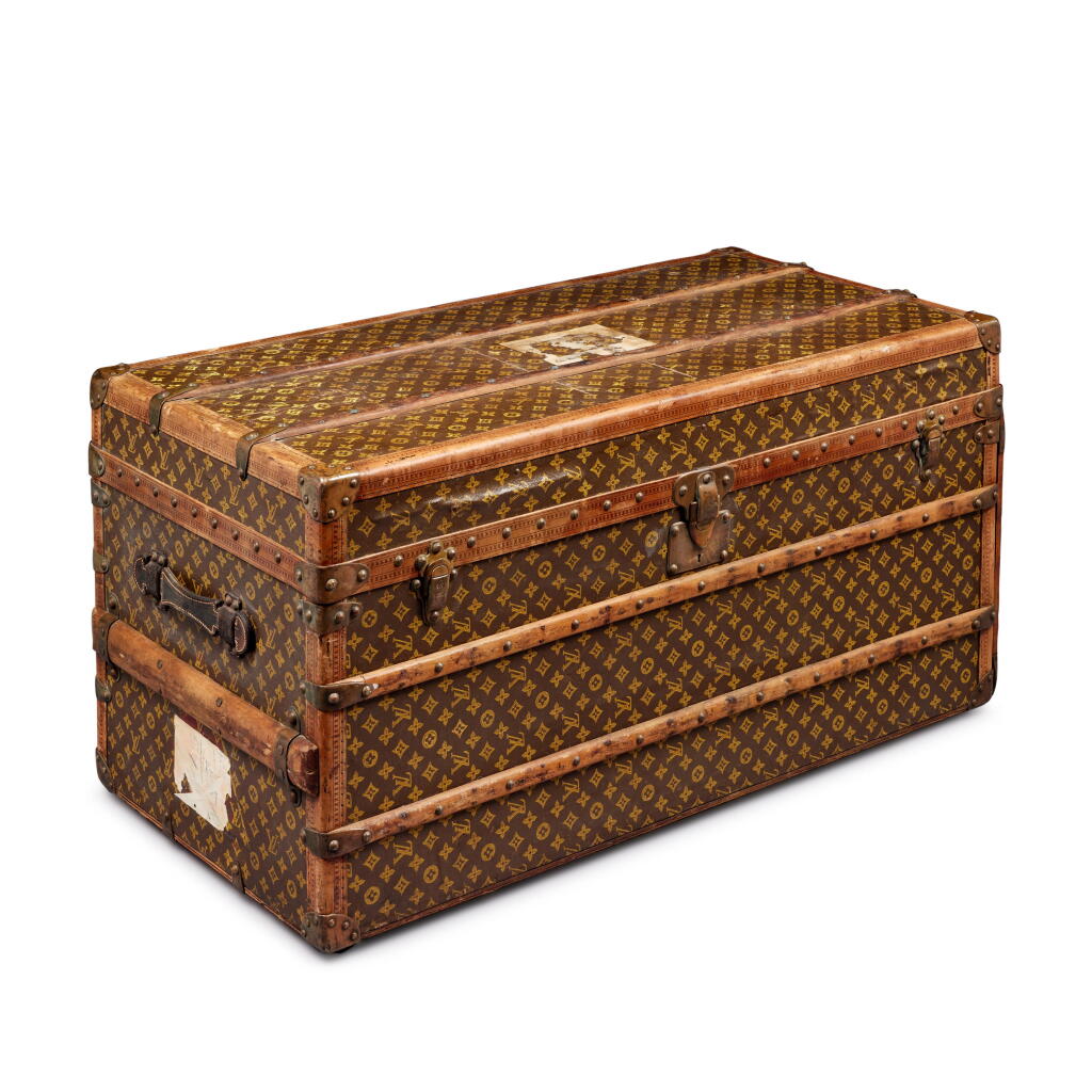 View full screen - View 1 of Lot 110. Vintage Monogram Canvas 'Courrier Lozine' Steamer Trunk Brass Hardware, circa 1915.