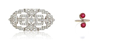 View full screen - View 1 of Lot 956. Diamond Brooch and a Synthetic Ruby and Diamond Ring.