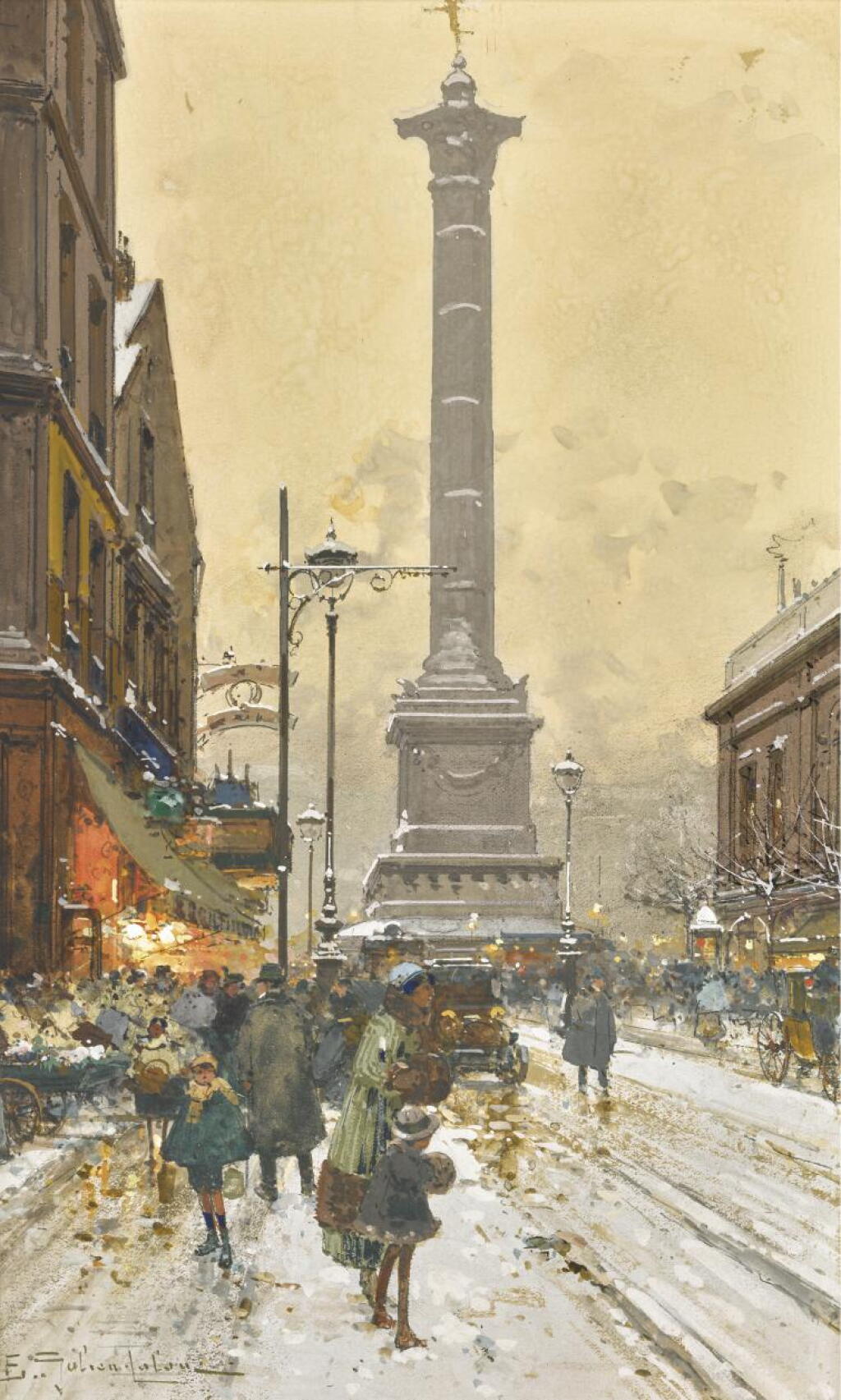 View full screen - View 1 of Lot 66. EUGÈNE GALIEN-LALOUE | Three Parisian Views: (I) Place de la Madeleine, marché aux fleurs (Ii) Le marché aux puces, Porte du Châtillon (Iii) Place de la Bastille.