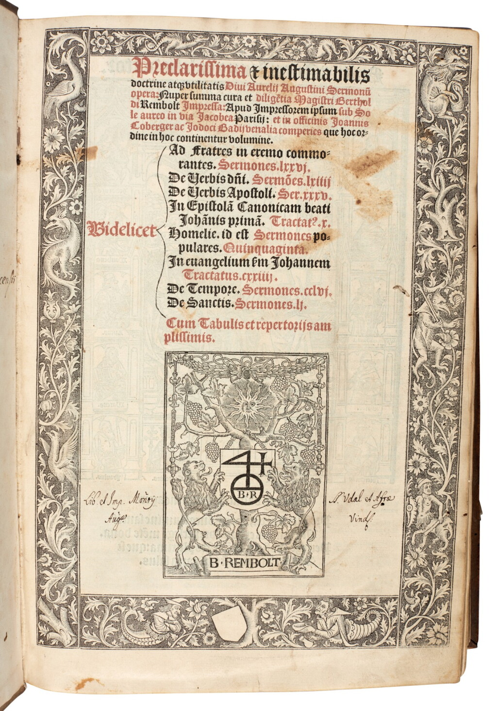 View full screen - View 1 of Lot 55. Augustine, Sermonum opera, Paris, 1516, contemporary pigskin, Augsburg-William Morris copy.