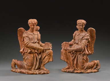 View full screen - View 1 of Lot 30. Master of the Unruly Children, probably Sandro di Lorenzo di Smeraldo (1483 – circa 1554) | Italian, Florence, first half 16th century | Pair of Kneeling Angels.