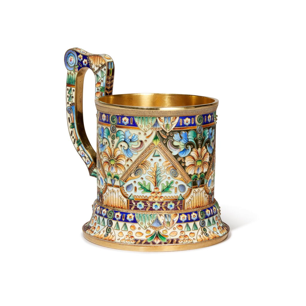 View full screen - View 1 of Lot 213. A silver-gilt and cloisonné enamel tea glass holder, 6th Artel, Moscow, 1908-1917.