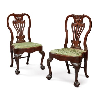 View full screen - View 1 of Lot 238. A PAIR OF GEORGE II CARVED MAHOGANY SIDE CHAIRS, CIRCA 1740.