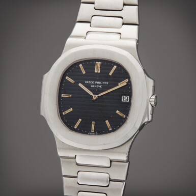 View full screen - View 1 of Lot 24. Reference 3700/1 Nautilus | A stainless steel wristwatch with date, bracelet and original cork box, Made in 1979.