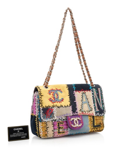 View full screen - View 1 of Lot 164. MULTICOLOR PATCHWORK WITH SILVER-TONE METAL CLASSIC SHOULDER BAG, CHANEL.