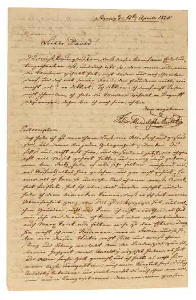 View full screen - View 1 of Lot 58. F. Mendelssohn. Important letter signed about Betty Pistor and the Quartet op.12, to F. David, 13 April 1830.