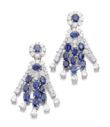 View full screen - View 1 of Lot 123. PAIR OF SAPPHIRE AND DIAMOND PENDENT EARRINGS.