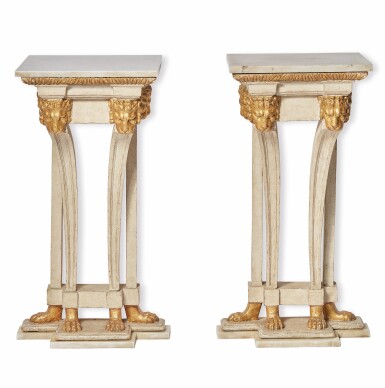 View full screen - View 1 of Lot 299. A PAIR OF CARVED, PAINTED, AND PARCEL-GILTWOOD DIRECTOIRE STYLE CONSOLE TABLES WITH WHITE MARBLE TOPS.