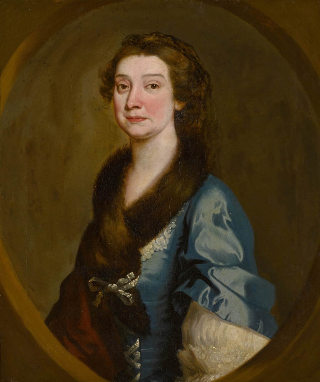 View full screen - View 1 of Lot 668. Portrait of a lady, probably Lady Martha Hicks, née Browne (1715–1802), half-length, wearing a fur stole and blue dress.