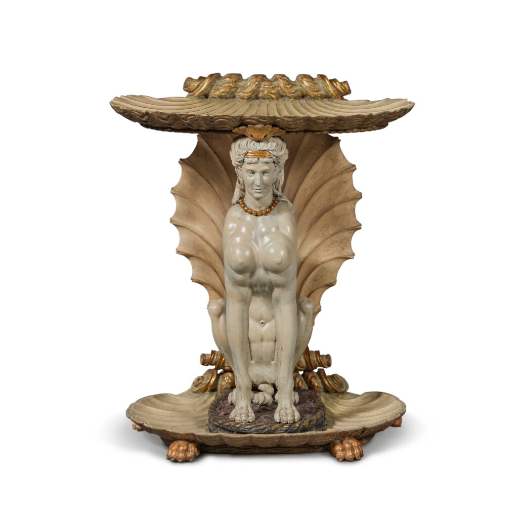 View full screen - View 1 of Lot 86. An Italian Neoclassical Parcel-Gilt and Painted Wood Sphinx Console, Early 19th Century.