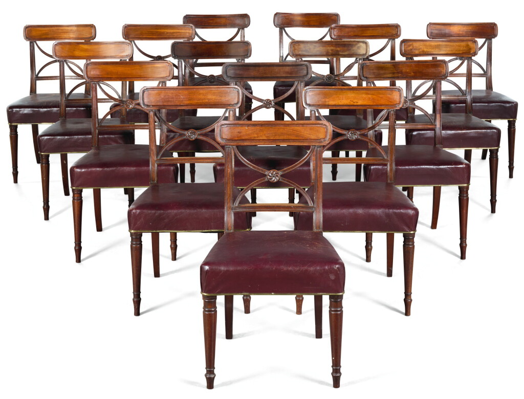 View full screen - View 1 of Lot 45. A SET OF SIXTEEN REGENCY MAHOGANY DINING CHAIRS, TWELVE CIRCA 1807, FOUR CIRCA 1812.