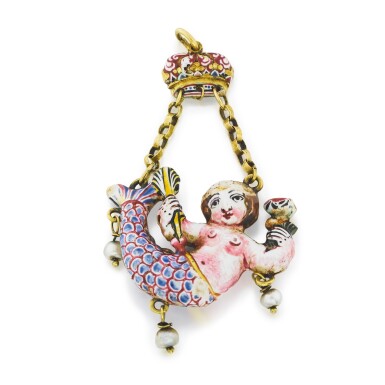 View full screen - View 1 of Lot 1024. A gold and enamel Mermaid pendant, Spanish, Early 18th century or later.