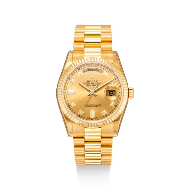 View full screen - View 1 of Lot 8068. ROLEX | DAY-DATE, REFERENCE 118238 | A YELLOW GOLD AND DIAMOND-SET WRISTWATCH WITH DAY, DATE AND BRACELET, CIRCA 2005 | 勞力士 | Day-Date 型號118238 黃金鑲鑽石鏈帶腕錶,備日期及星期顯示,約2005年製.