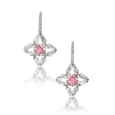 View full screen - View 1 of Lot 757. Pair of Fancy Intense Pink diamond and diamond earrings.