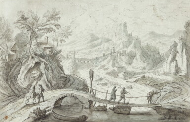 View full screen - View 1 of Lot 18. Mountainous landscape with travellers on a bridge.