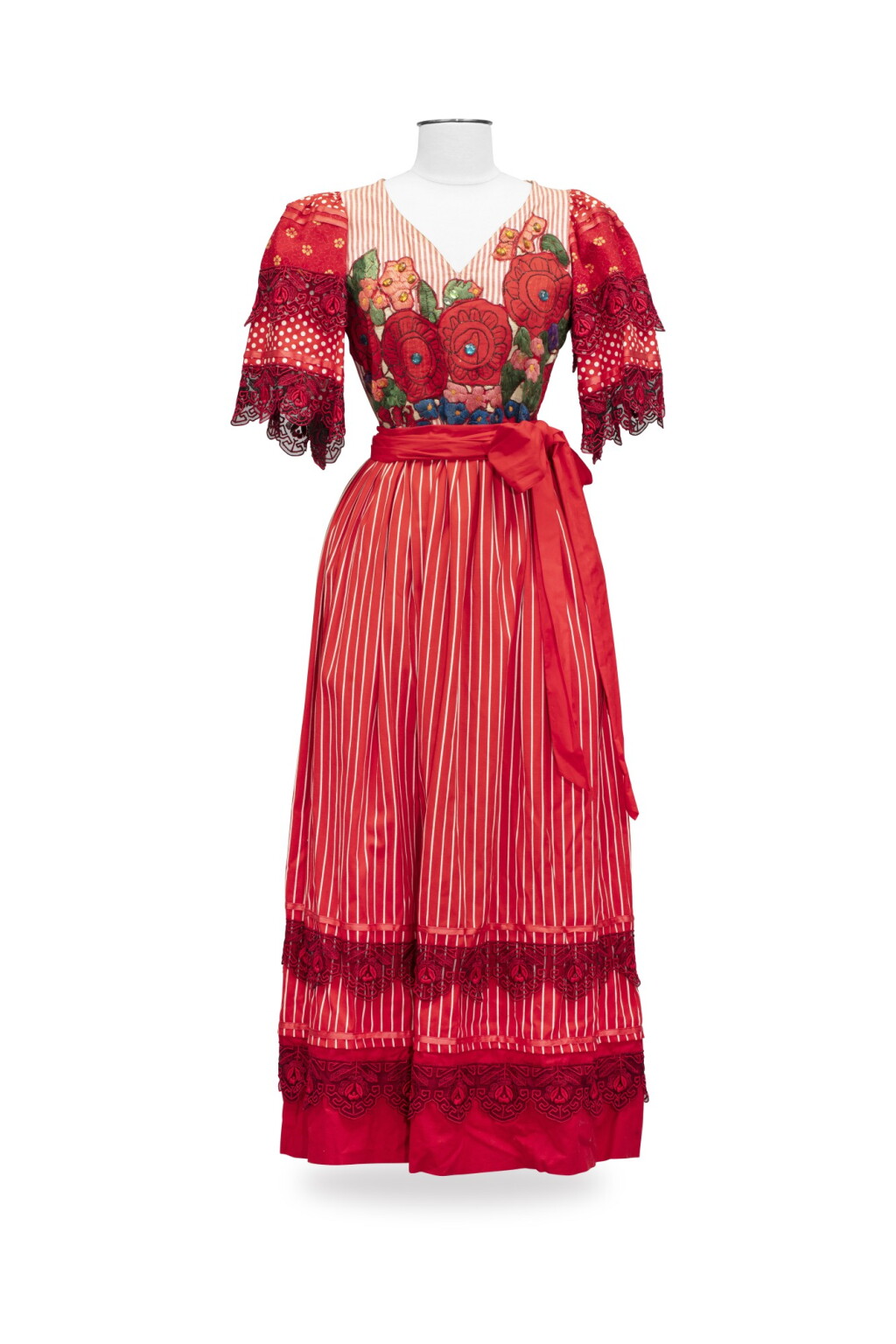 View full screen - View 1 of Lot 47. Boza Kosak, circa 1982, Red and white cotton dress with stripes and polka dots | Robe longue en cotonnade rayée et à pois rouge et blanche, manches volantées.