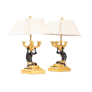 View full screen - View 1 of Lot 647. A pair of gilt and patinated bronze four-light candelabra, 19th century.